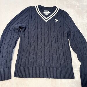 Y2K Abercrombie & Fitch Muscle Fit Cable Knit V-Neck Sweater Mens Navy Blue L